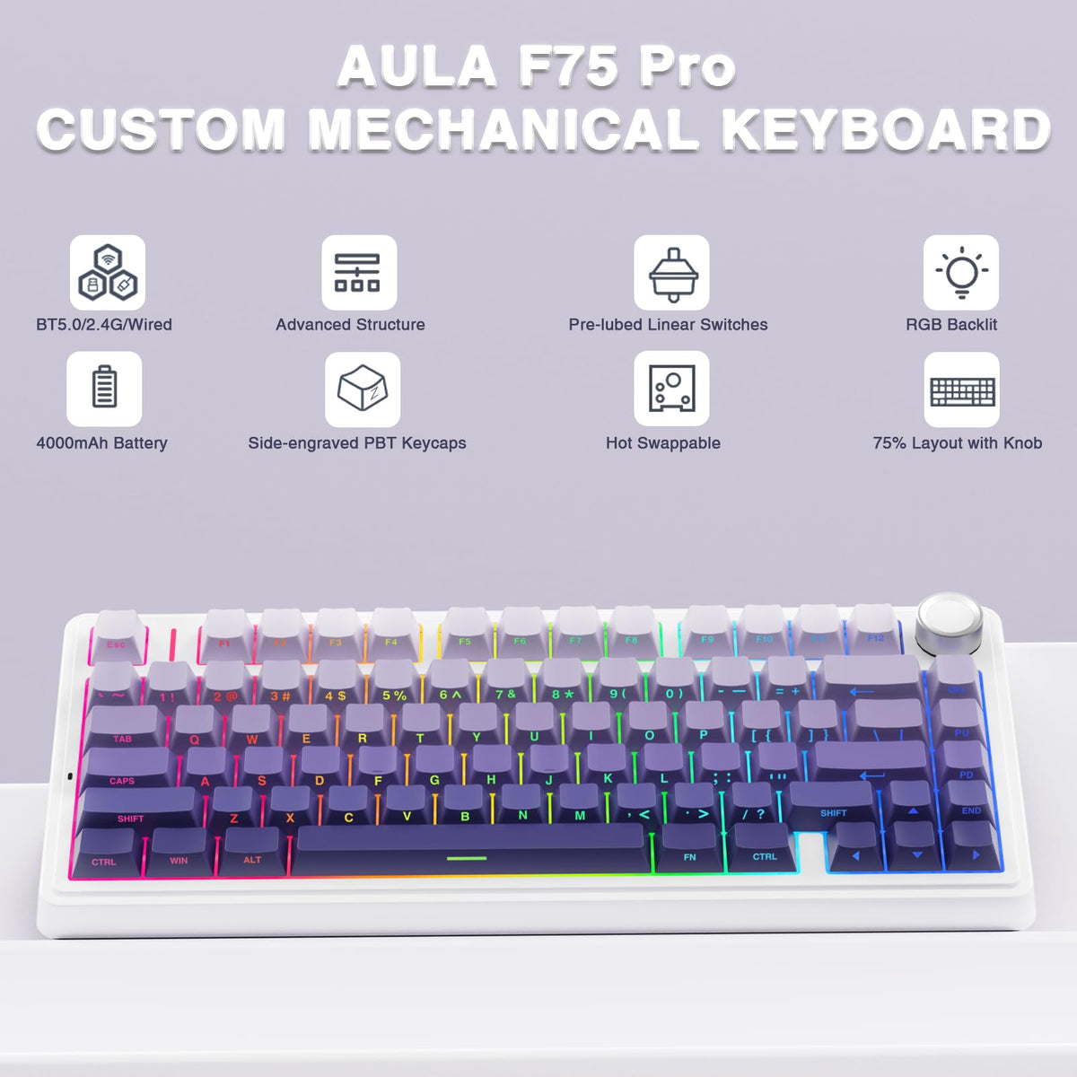 AULA F75 75% Wireless Mechanical Keyboard,2.4Ghz/Type-C/BT5.0 Gaming Keyboards,Advanced Structure,RGB Backlight,Hot Swappable Custom Keyboard for PC/Mac (Cool Black)