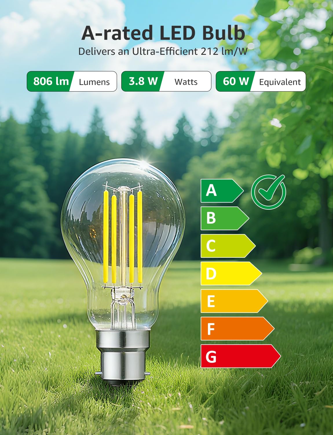 Lepro Bayonet Light Bulb A-Rated, 3.8W = 60W, 806lm, Warm White, Pack of 2