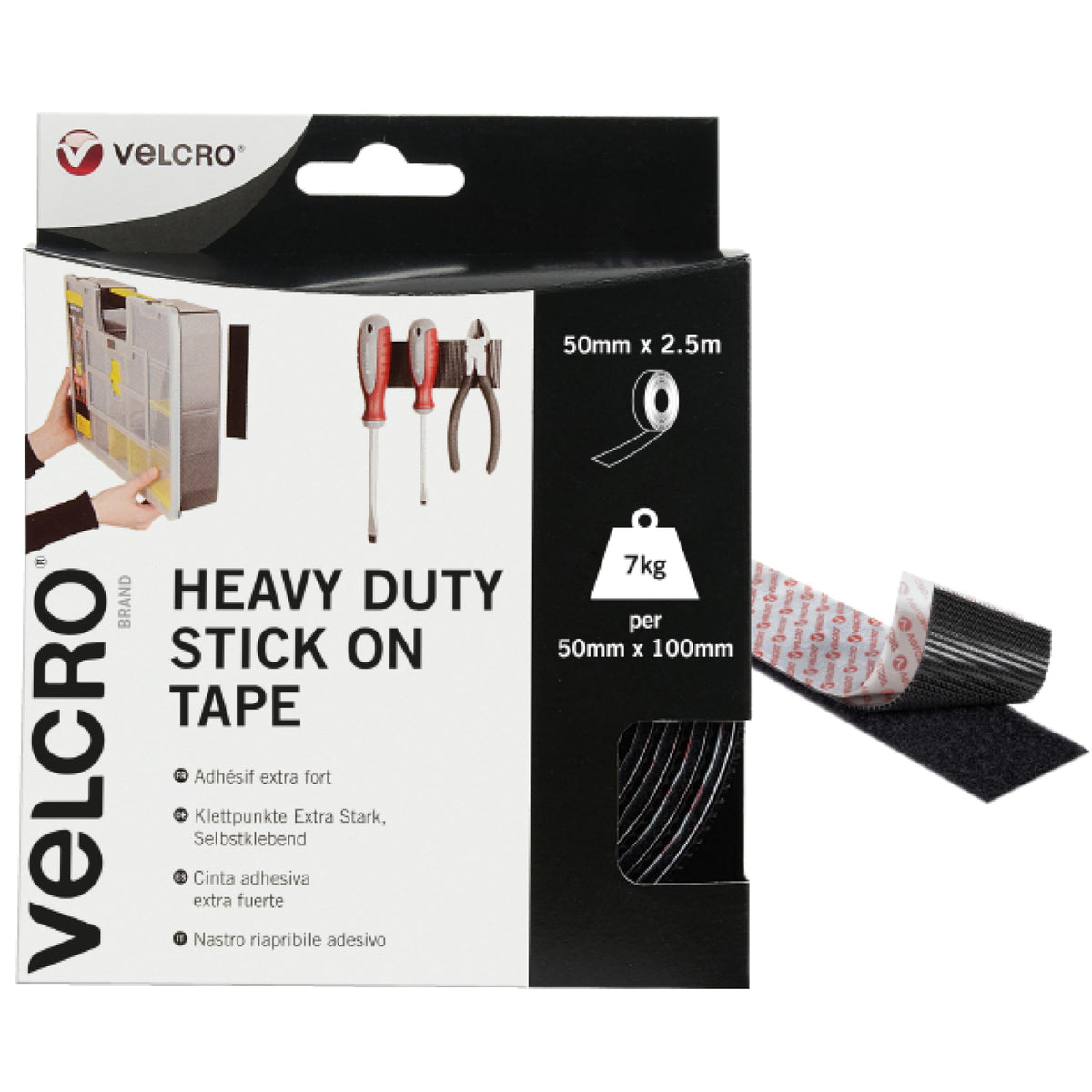 VELCRO Brand Heavy Duty Stick On Tape Cut-to-Length Industrial Extra Strong Double Sided Hook & Loop Self Adhesive Tape Perfect for Room Décor & Home, Office, Garage Use Black 50mm x 1m