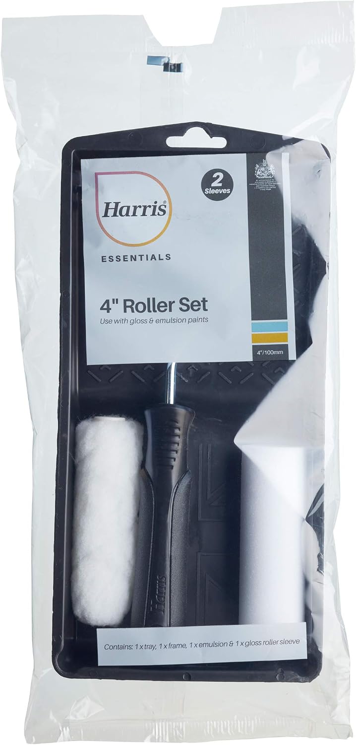 Harris Essentials Mini Roller Set, Walls & Ceilings, Tray and Frame, 4” Emulsion & Gloss Roller Sleeves