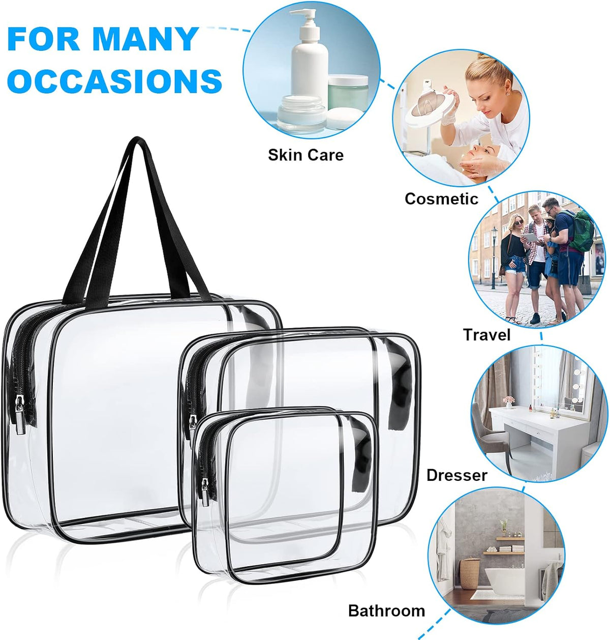 Aucuu Clear Toiletries Bag, 3 Pack PVC Waterproof Toiletries Carry Pouch, TSA Approved Travel Toiletry Bag with Zipper, Multi-Size Cosmetic Makeup Bags for Men, Women and Kids - Travel Business