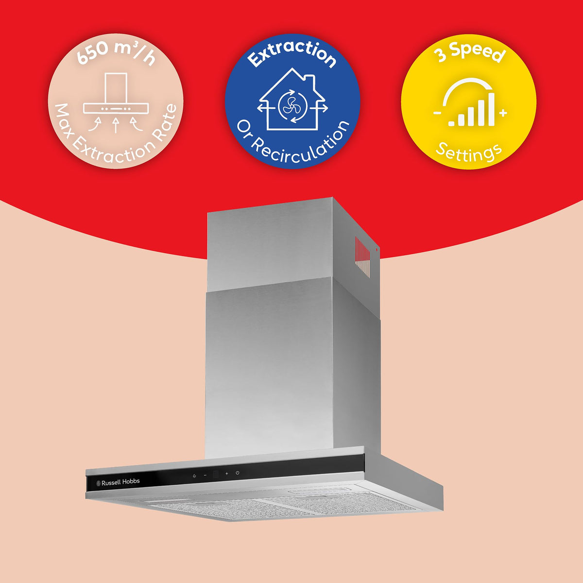Russell Hobbs 90cm T-Shaped Cooker Hood in Stainless Steel with 3 Speed Settings, 3x Washable Aluminium Filters, Extraction or Recirculation, Boost Function, LED Lights A++ Energy Rating, RHGCH903SS