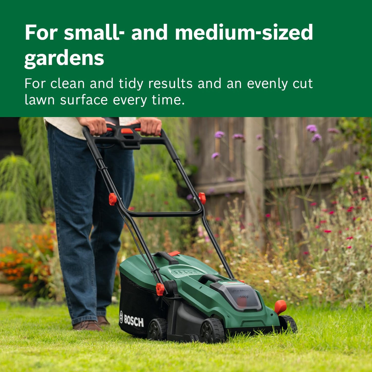 Bosch Cordless Lawn Mower ROTAK18V-32 (Cutting Width: 32 cm, Height of Cut: 25-65 mm, 35 l Fabric Grass Bag, Mulch plug, without Battery)