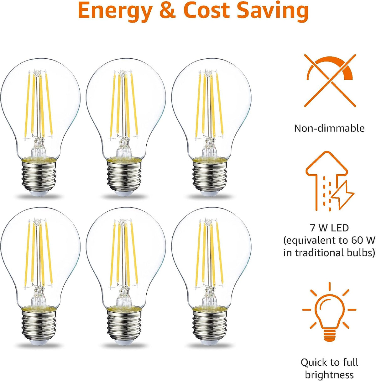 Amazon Basics LED E27 Edison Screw Bulb, 7W (Equivalent to 60W), Clear Filament, Warm White, Non Dimmable - Pack of 6