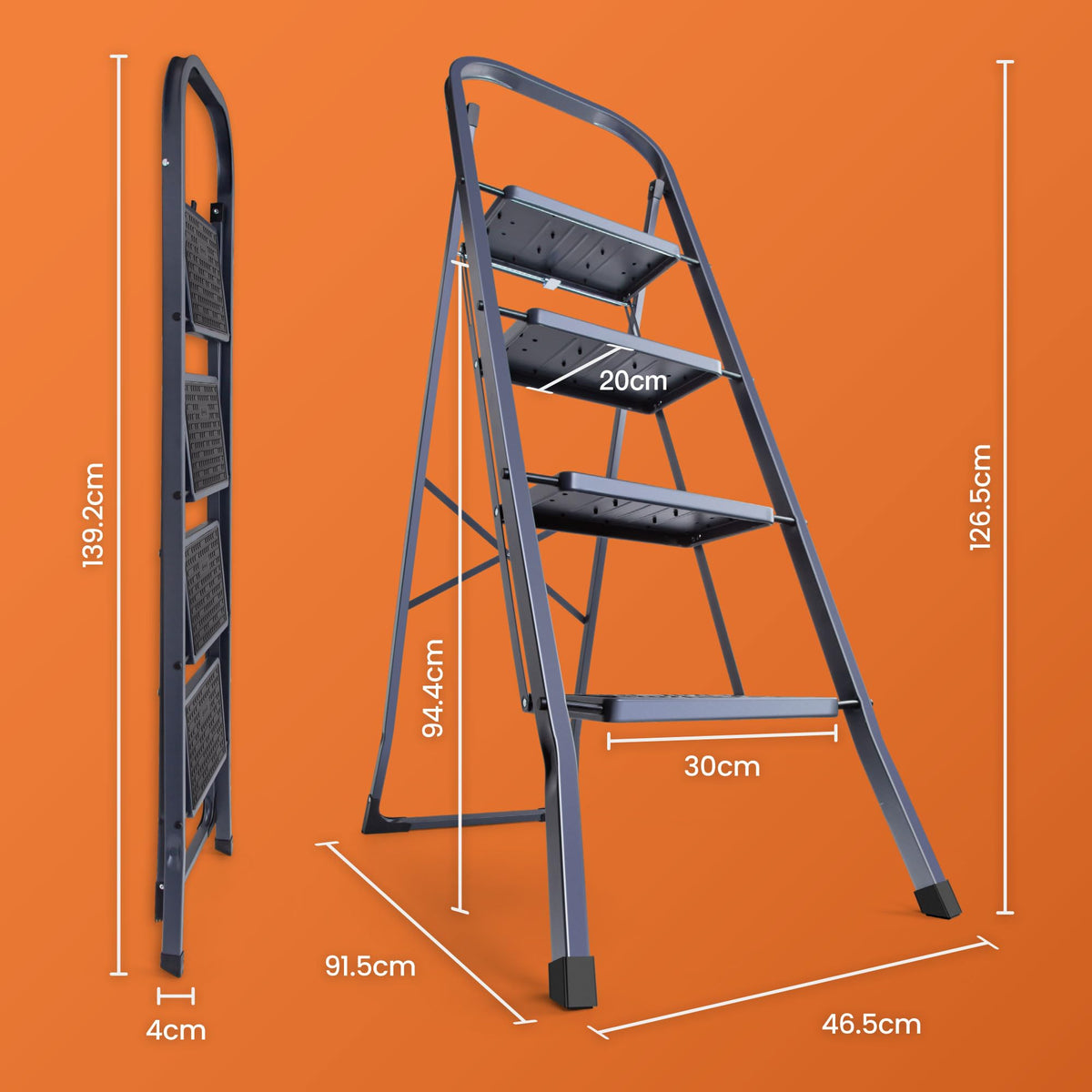 VonHaus 3 Step Ladder – Premium Quality Folding Step Ladder for DIY and Gardening - Anti Slip Feet, Easy to Store Ladder, 150KG Max Capacity - Durable Steel