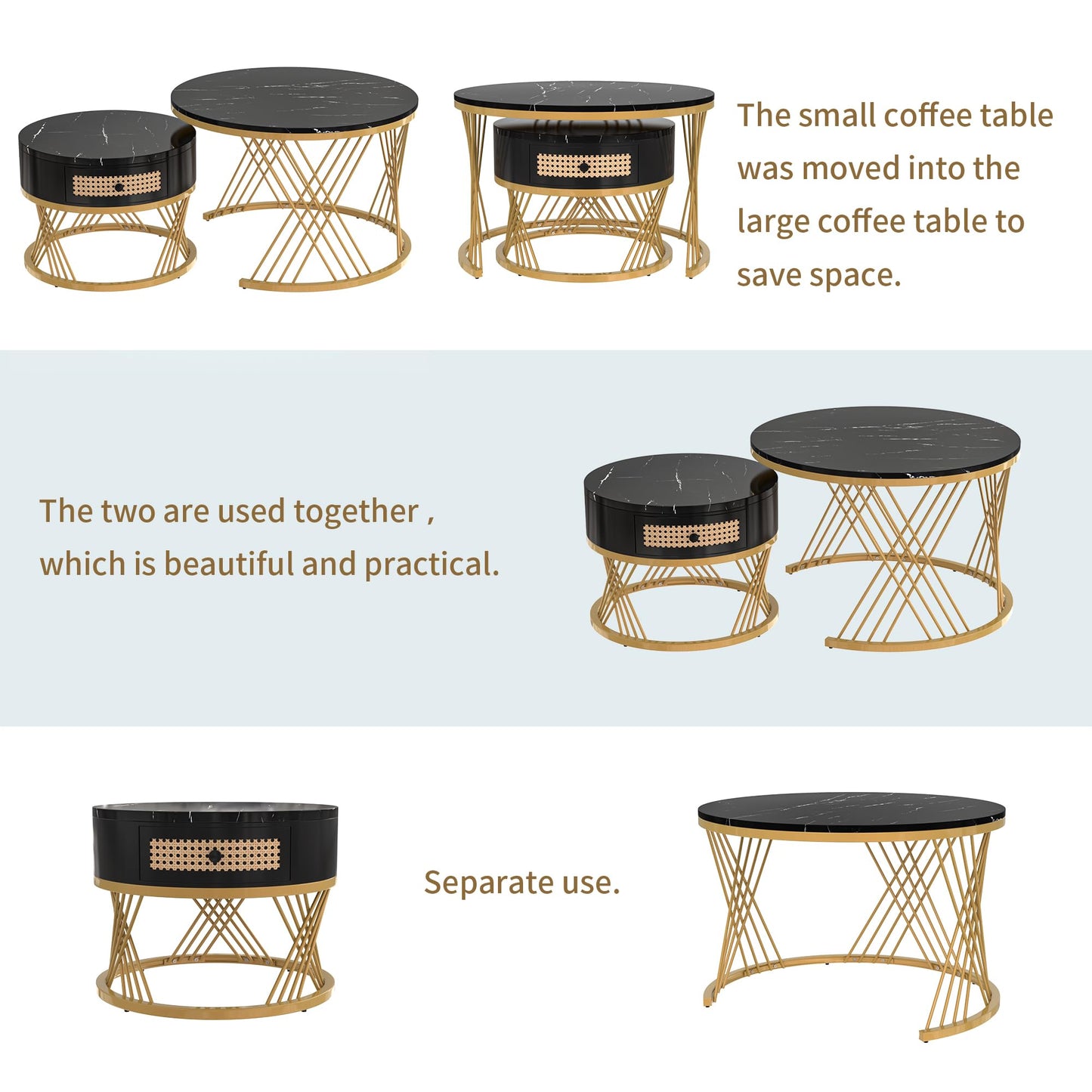 ModernLuxe 2-in-1 Coffee Table, Multi-functional Side Table with Marble Grain Veneer Top, Rattan Drawers, Solid Wood Handles, Gold Coloured Iron Legs, Round Nest of Tables for Living Room, Black