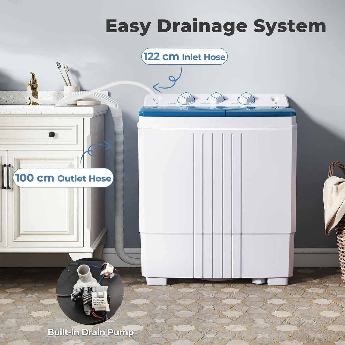 TANGZON Twin Tub Washing Machine, 8KG Portable Washing Machine Spin Dryer