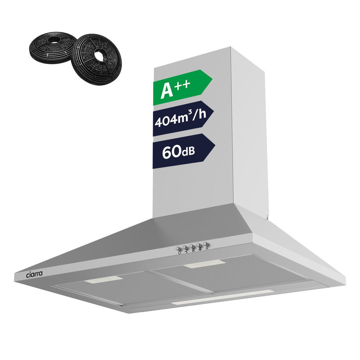 CIARRA 90cm Wall-Mount Cooker Hood 370m³/h Ducting & Recirculation CAS9201A