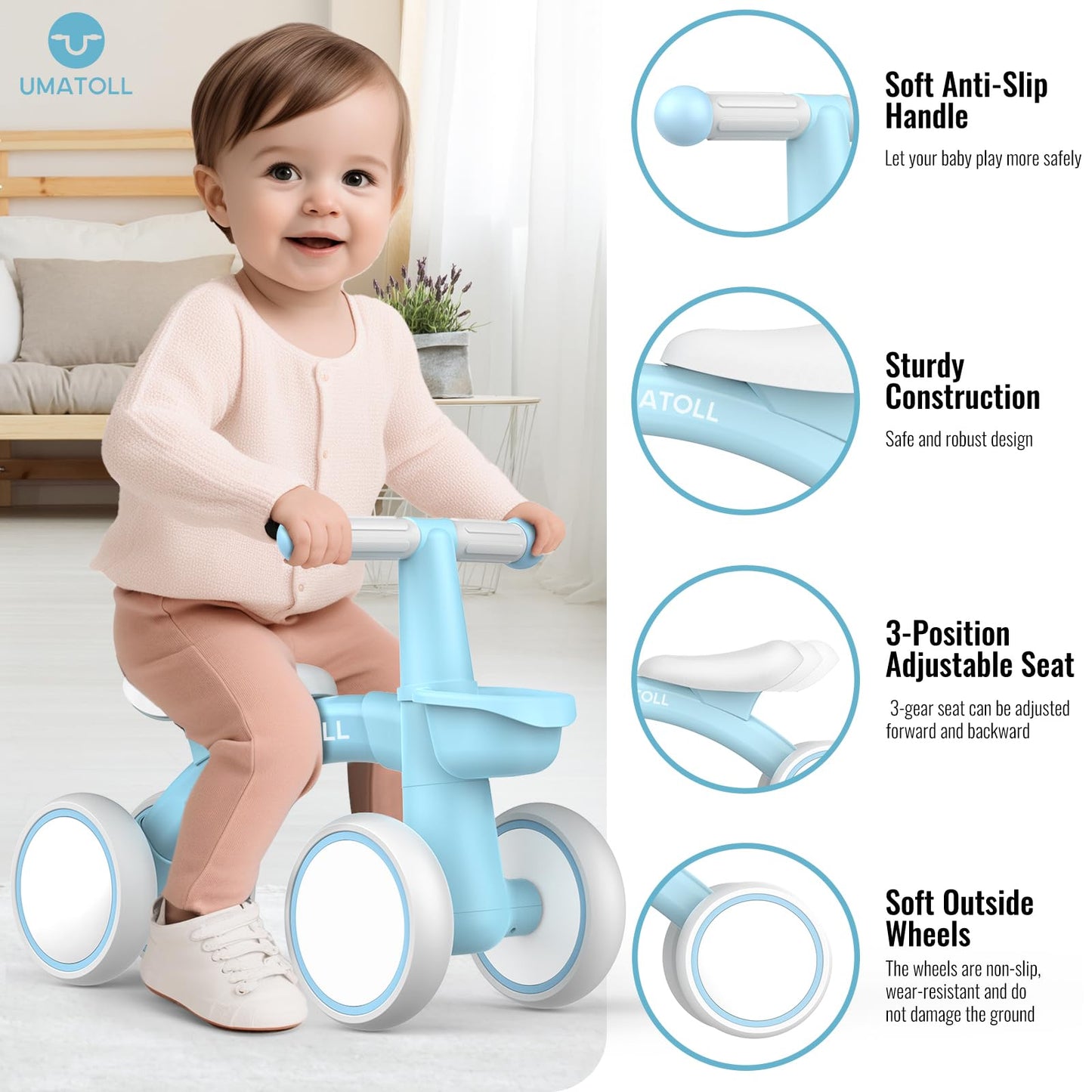 Umatoll Baby Balance Bike for 1 Year Old Boys Girls, 12-24 Months Toddler Balance Bike with Removable Basket, Adjustable Seat, 4 Wheels Infant Bike, First Birthday Gift