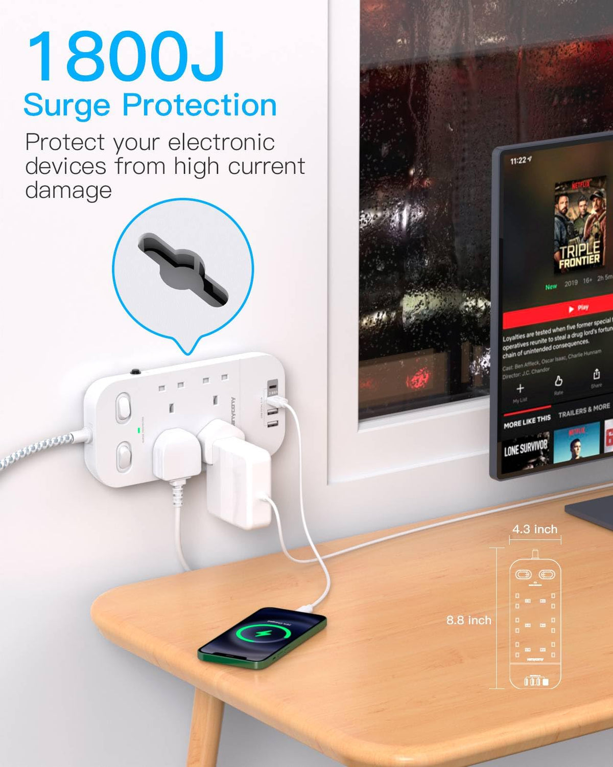 5M Extension Lead Surge Protected, 4 Way Outlets with 2 USB C & 2 USB A