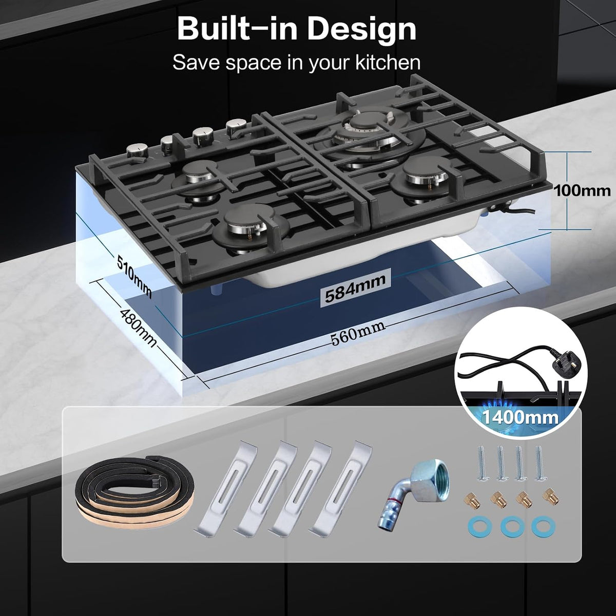 TopStrong Gas Hob 4 Burners, 60cm Black Glass Built-in Cooktop with 8060W Wok Burner & Thermocouple Protection, Natural Gas & LPG Compatible