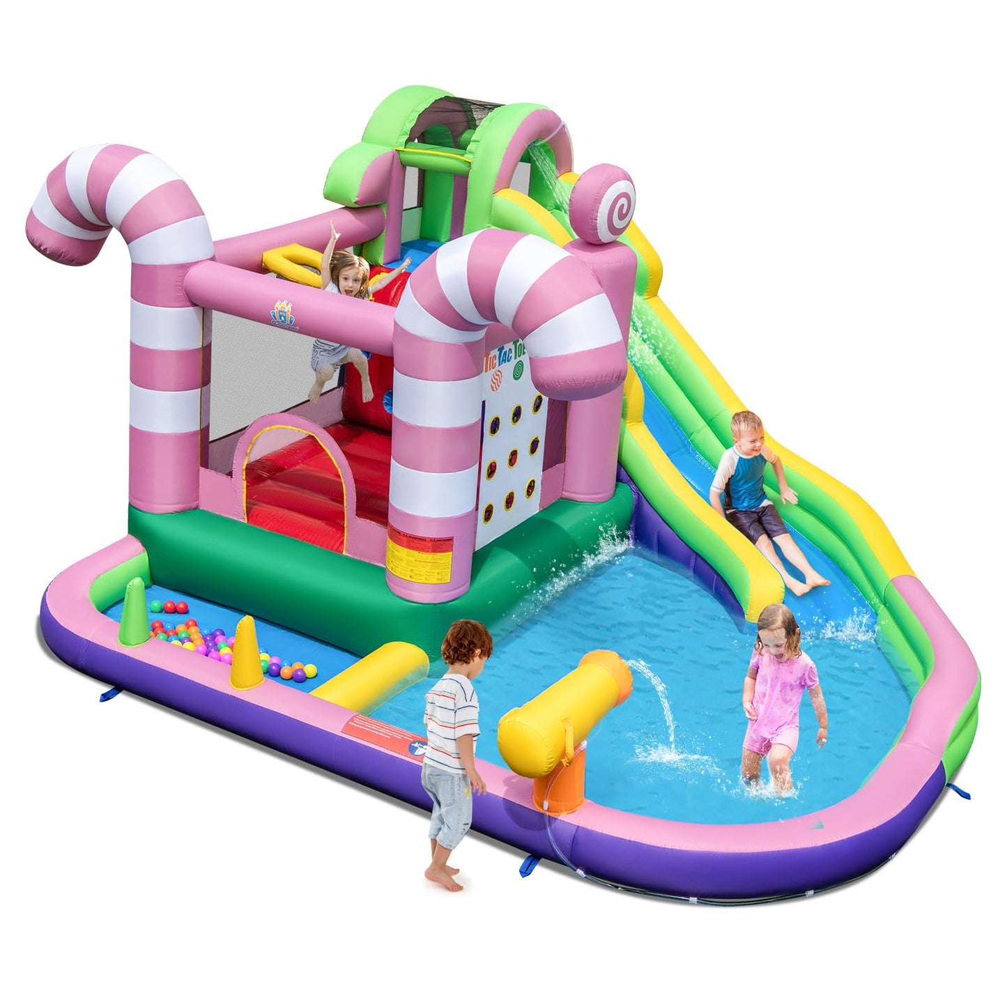 COSTWAY Kids Inflatable Water Park with Slide, Climbing Wall, Water Cannon, Splashing Pool, Blow up Bouncy Castle House for Summer Outdoor Play (with 50 Ocean Balls)