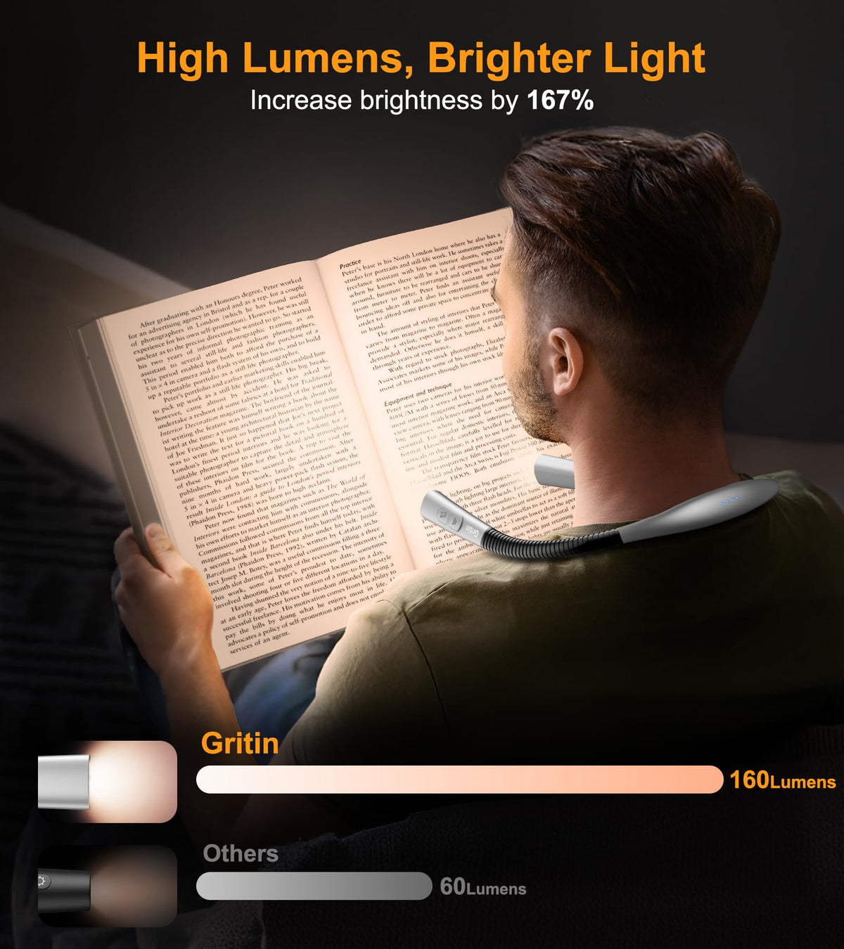 Gritin Book Light, Eye Caring 4-Color&5-Brightness Neck Light Reading Lamp