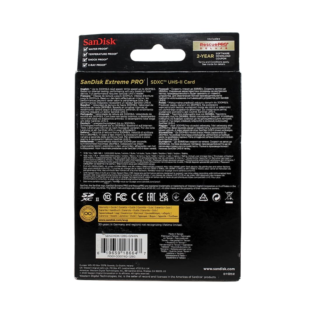 SanDisk 128GB Extreme PRO SDXC card, SD Card, V30 Memory Card, 4K UHD, up to 200 MB/s, SanDisk QuickFlow Technology, RescuePro Deluxe Data Recovery Software, UHS-I, Class 10, U3, V30