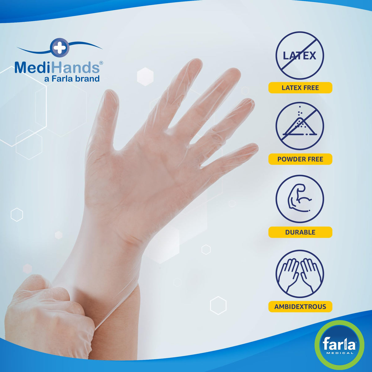 MediHands Vinyl Clear Medium Gloves, Disposable Surgical Gloves, Box of 100, Powder Free, Latex Free, Protein Free, Medical, Food, Multi-Use