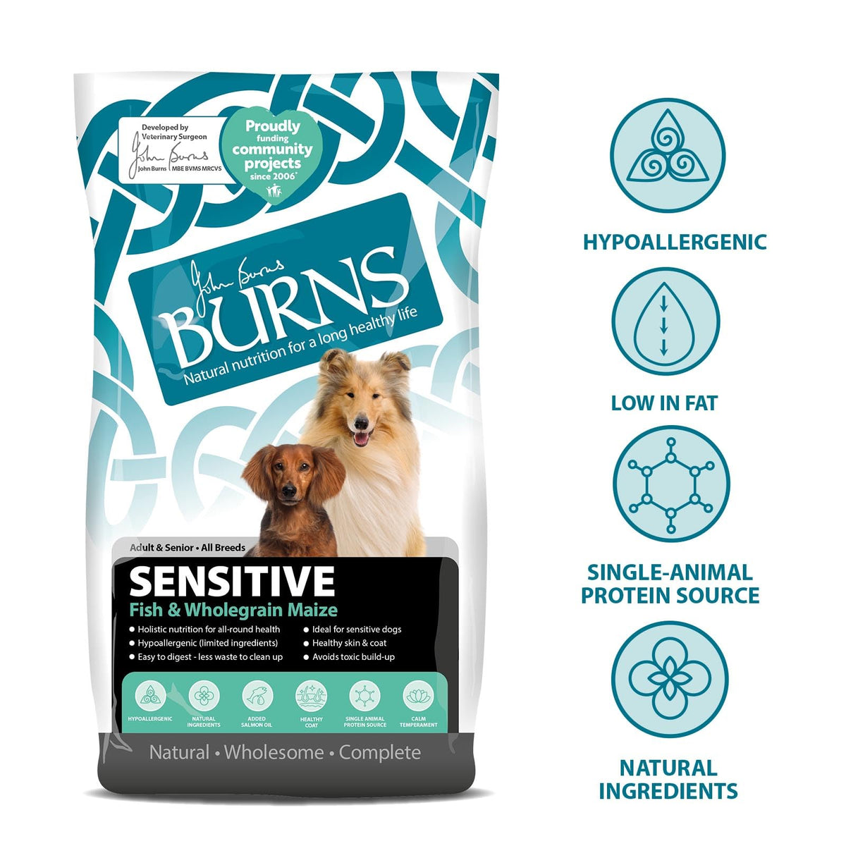 Burns Pet Nutrition Hypoallergenic Complete Dry Dog Food Adult and Senior Dog Sensitive with Pork and Potato 2 kg