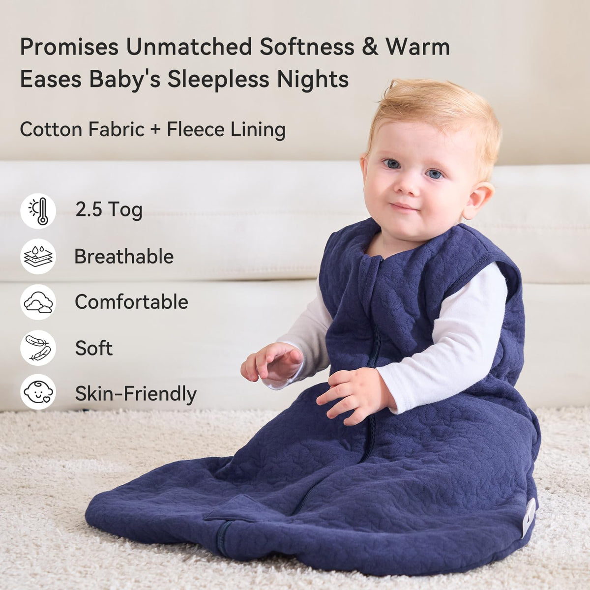 Unnivoll Baby Sleeping Bag 2.5 Tog 0-6 Months 100% Cotton Winter Sleeping Bag Baby 2-Way Zipper Quilted Sleep Sack for Newbron Infant Warm Soft Apricot