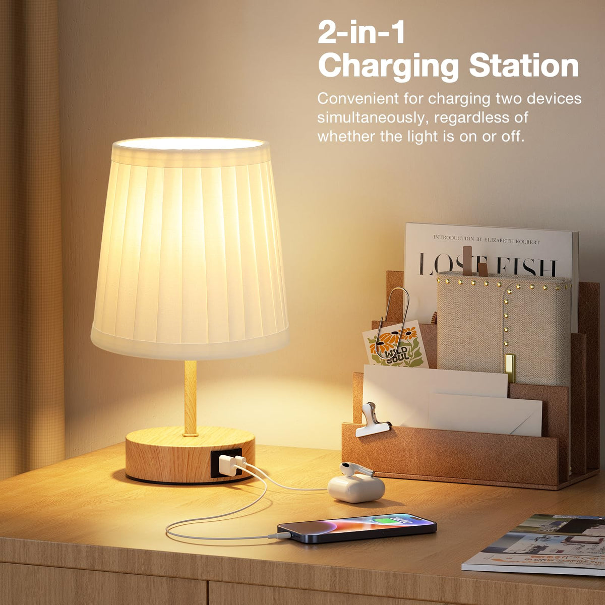 Aooshine Grey Table Lamp, 3-Way Dimmable, USB A + C Charging
