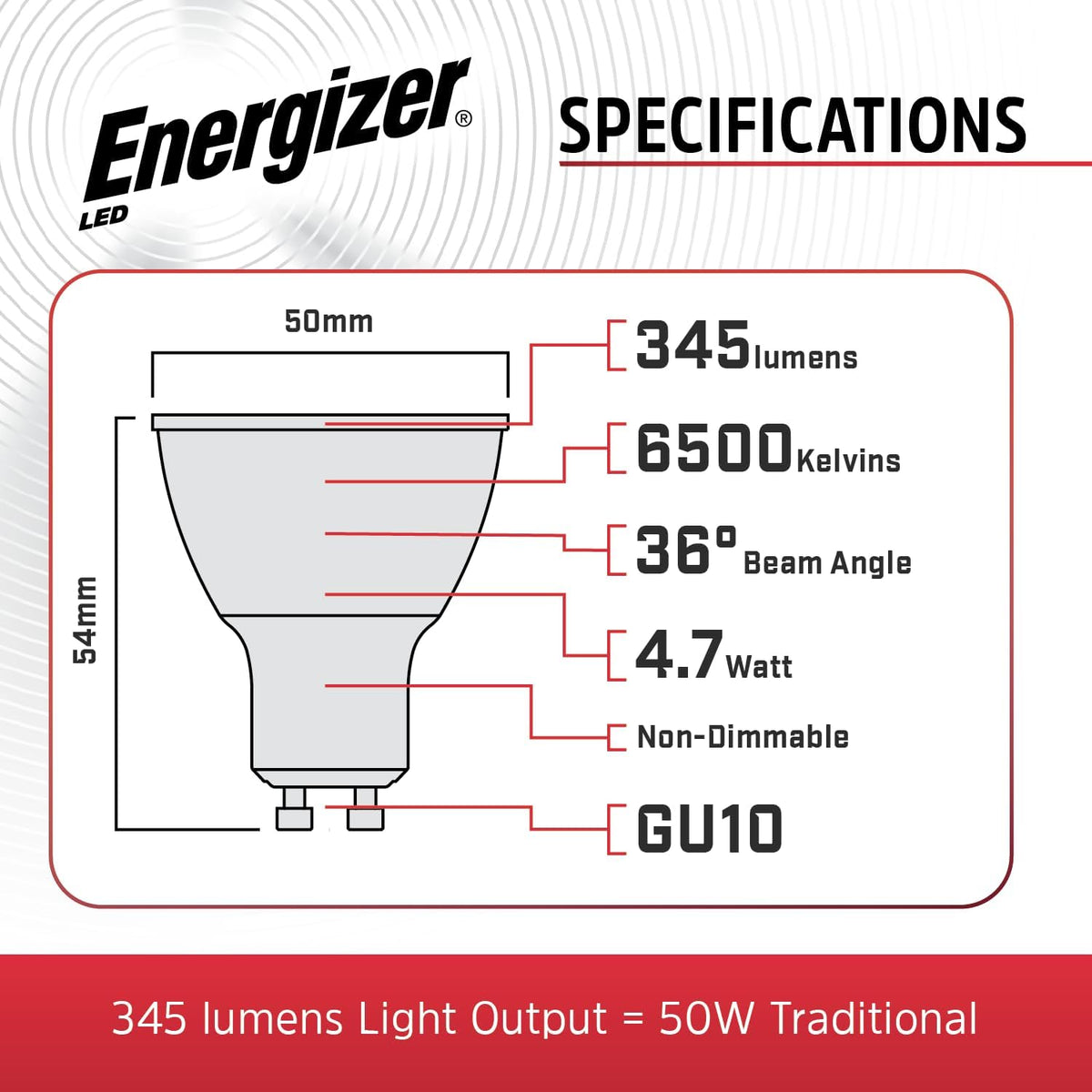 Energizer GU10 LED Bulbs Daylight White - 6500K 50W Halogen Spotlight Equivalent – 345LM - Non Dimmable. Pack of 5