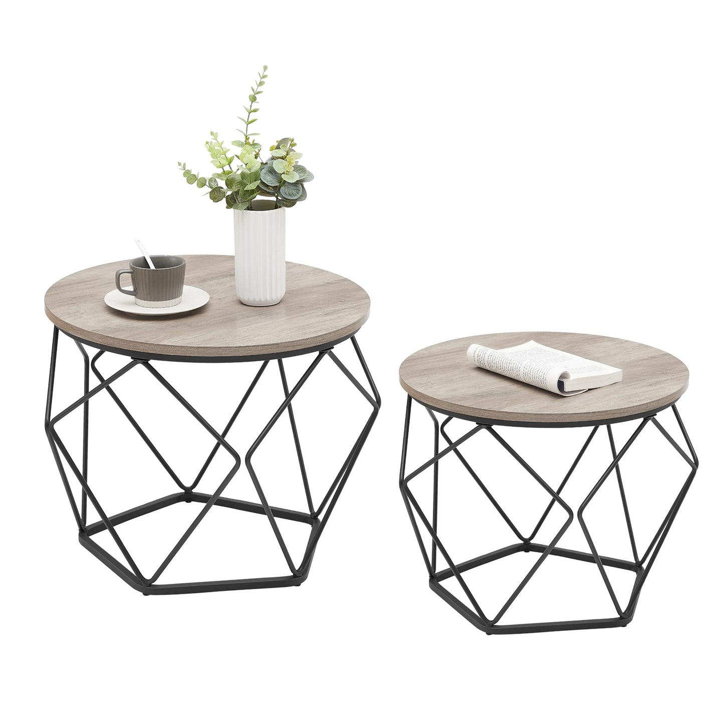 VASAGLE Coffee Tables, Set of 2 Side Tables, Robust Steel Frame, for Living Room, Bedroom, Rustic Brown and Black LET040B01
