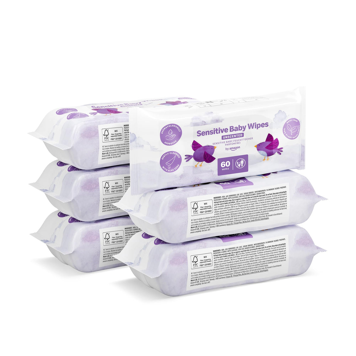 by Amazon Sensitive Baby Wipes, Unscented, 1080 Wipes, 18 Pack of 60, Wipes Without Plastic