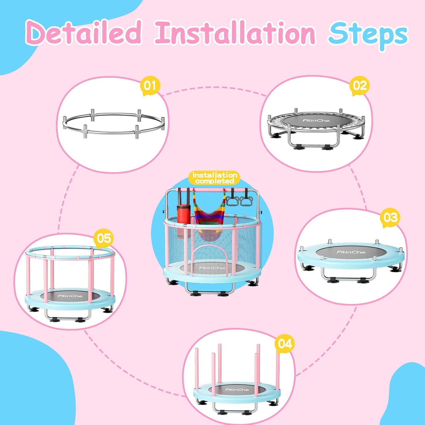 FitinOne 55" Toddler Trampoline with Safety Net, Gymnastics Bar, Swing & Rings