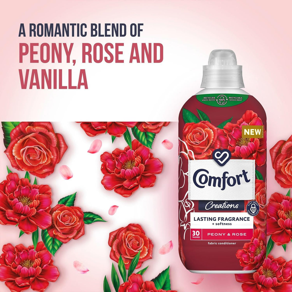 Comfort Creation Concentrated Fabric Conditioner with 100 Days of Long Lasting Fragrance and Softness Intense Liquid Fabric Softener 30 Washes, 900 ml (Peony & Rose, Buy 4)