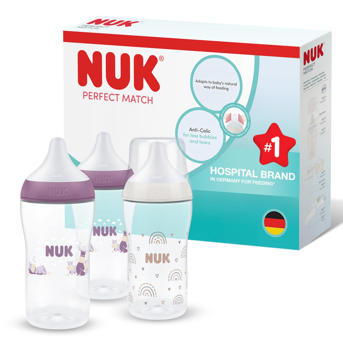 NUK Perfect Match Newborn Baby Bottle Set | 0+ Months | 150ml | Anti Colic Feeding Bottle | PP | Temperature Control Indicator | Rainbow | 4 Count