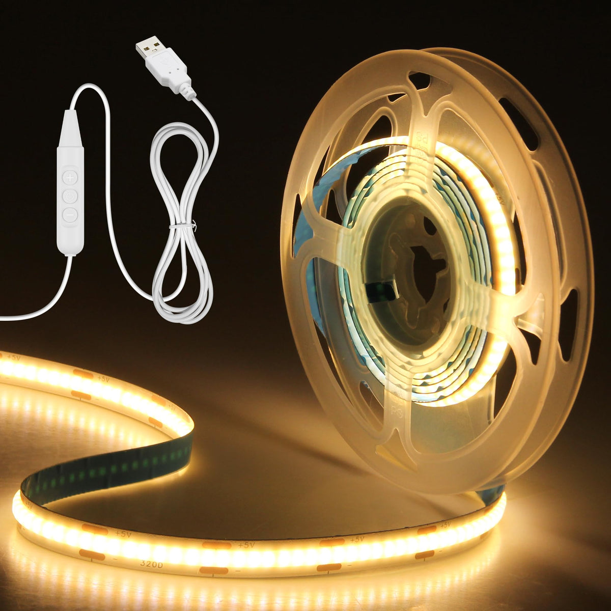 Aclorol 3M COB LED Strip Light Warm White 3000K 5V USB Flexible LED Light Strip 8mm Width Dimmable CRI85+ Dotless Tape Light High Density 320LEDs/M for Bedroom Kitchen Under Cabinet Home Decor