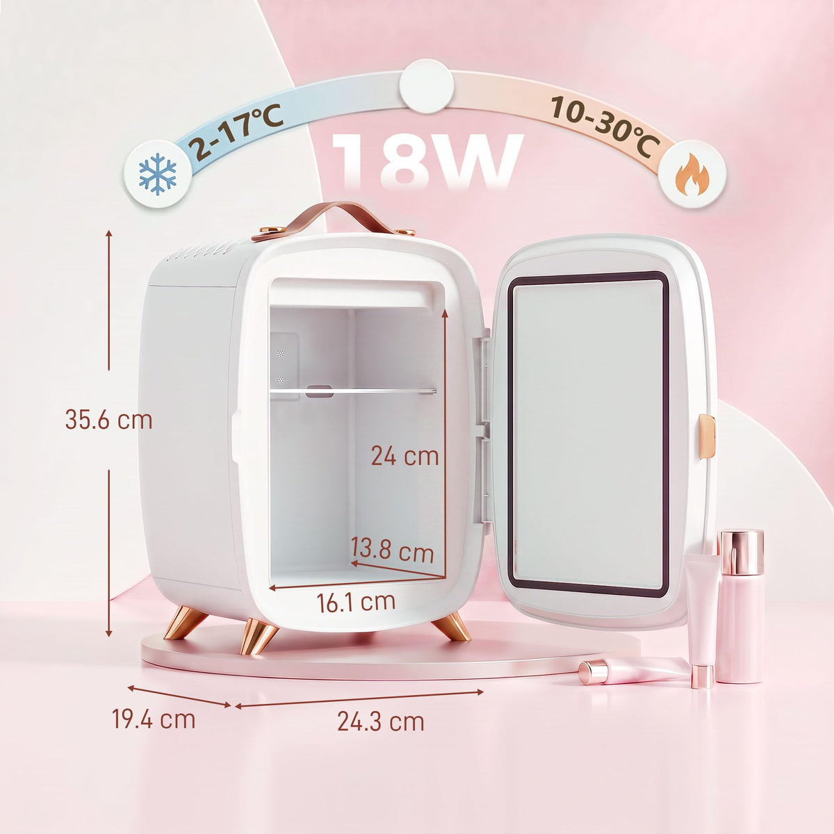 HOMCOM 6L Mini Fridge with LED Mirror, 26dB Quiet Operation, Pink