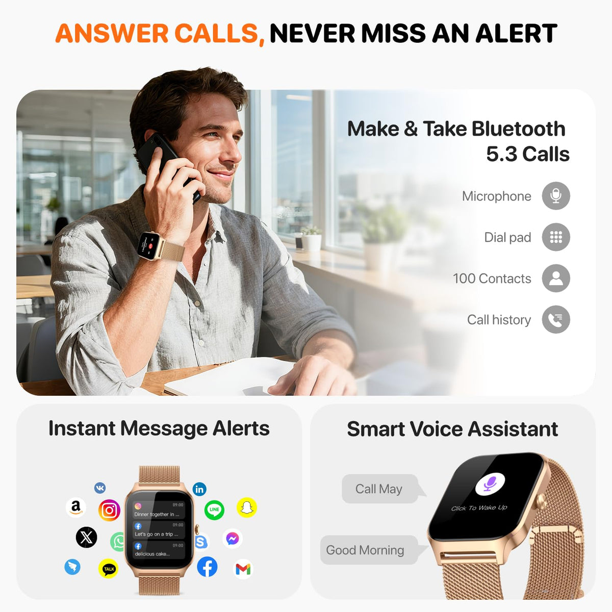 Smart Watch for Women Men - Answer/Make Call, Fitness Tracker Smartwatch for Android iPhone Compatible, Sleep Female Cycle, 120+ Sports Modes Step Counter (Blue, 2 Straps)