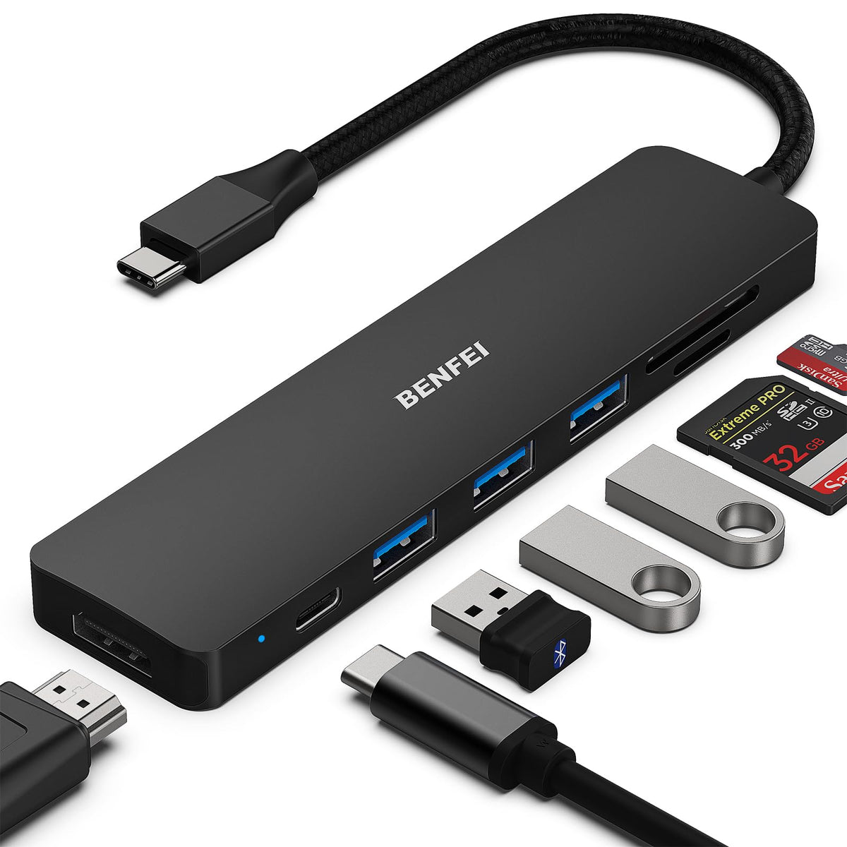 BENFEI USB-C Hub 5-in-1 with 4K HDMI, 3 USB-A 3.2 GEN2 10Gbps, 100W PD, Silicone Woven Cable, Aluminum Case, Compatible with MacBook, iPad, iPhone 15/16 Series