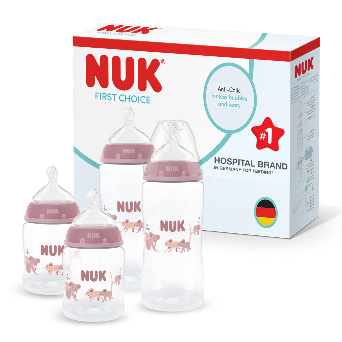 NUK First Choice+ Baby Bottles Set | 0-6 Months | Temperature Control | Anti Colic Vent | 300 ml | BPA-Free | Silicone Teat | 3 Count | Safari