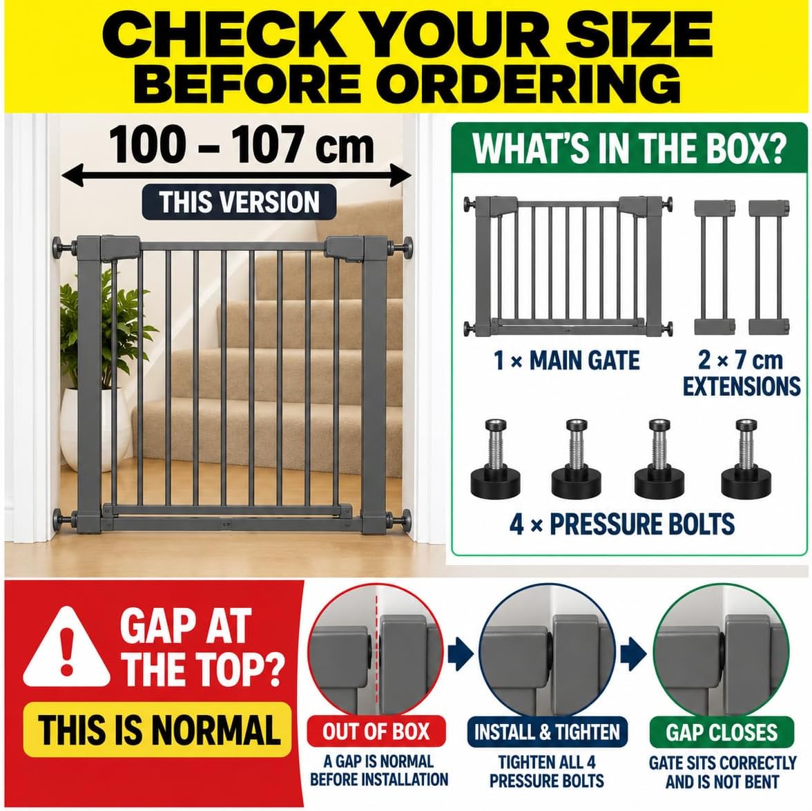 For Your Little One Pressure Fit Safety Stair Gate – 100–107 cm – 2 x 7 cm Extensions Included – No Screws Needed | One-Hand Opening | Baby & Pet Gate for Stairs & Doorways, Grey