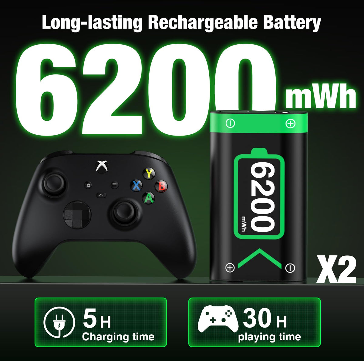 Rechargeable Battery Pack for Xbox One/Series Controller, 4x6200mWh Battery Pack with Charger/Cooling RGB/25H Playtime, Compatible with Xbox One/S/X/Elite 1, Series S/X Controller