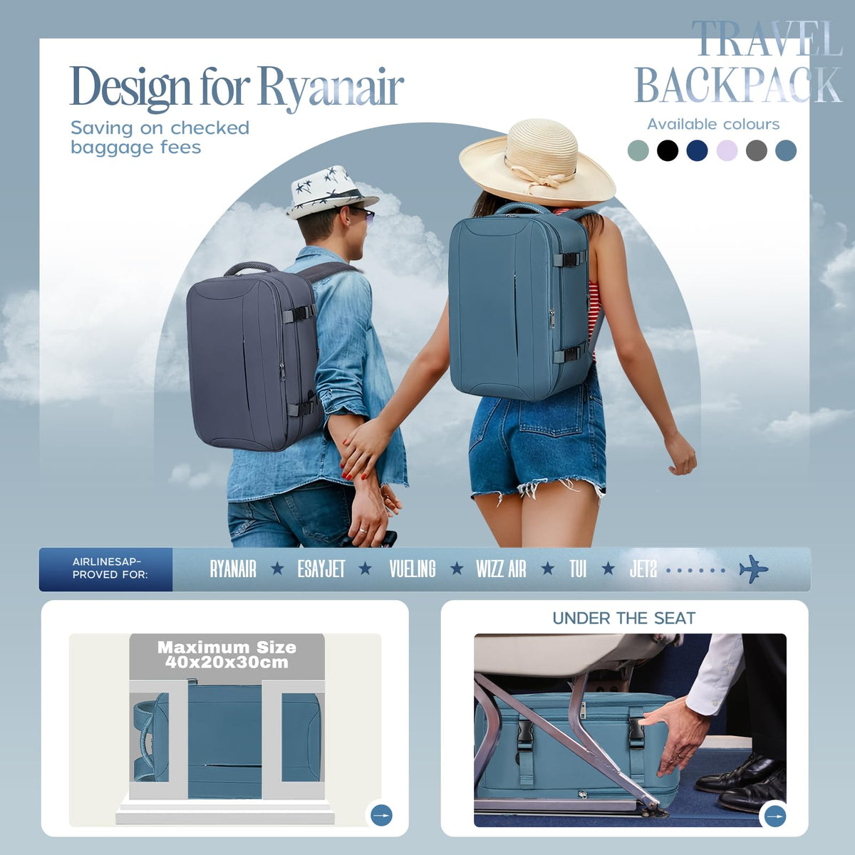 Xkdoai for Ryanair Cabin Bags 40x30x20,Backpack with TSA Approved Clear Bag