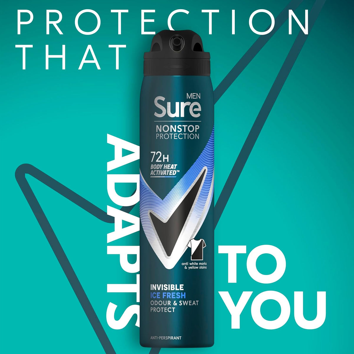 Sure Men Nonstop Protection Invisible Ice Fresh Deodorant Body Spray Antiperspirant with body heat activated technology for 72 hour odour and sweat protection 250 ml