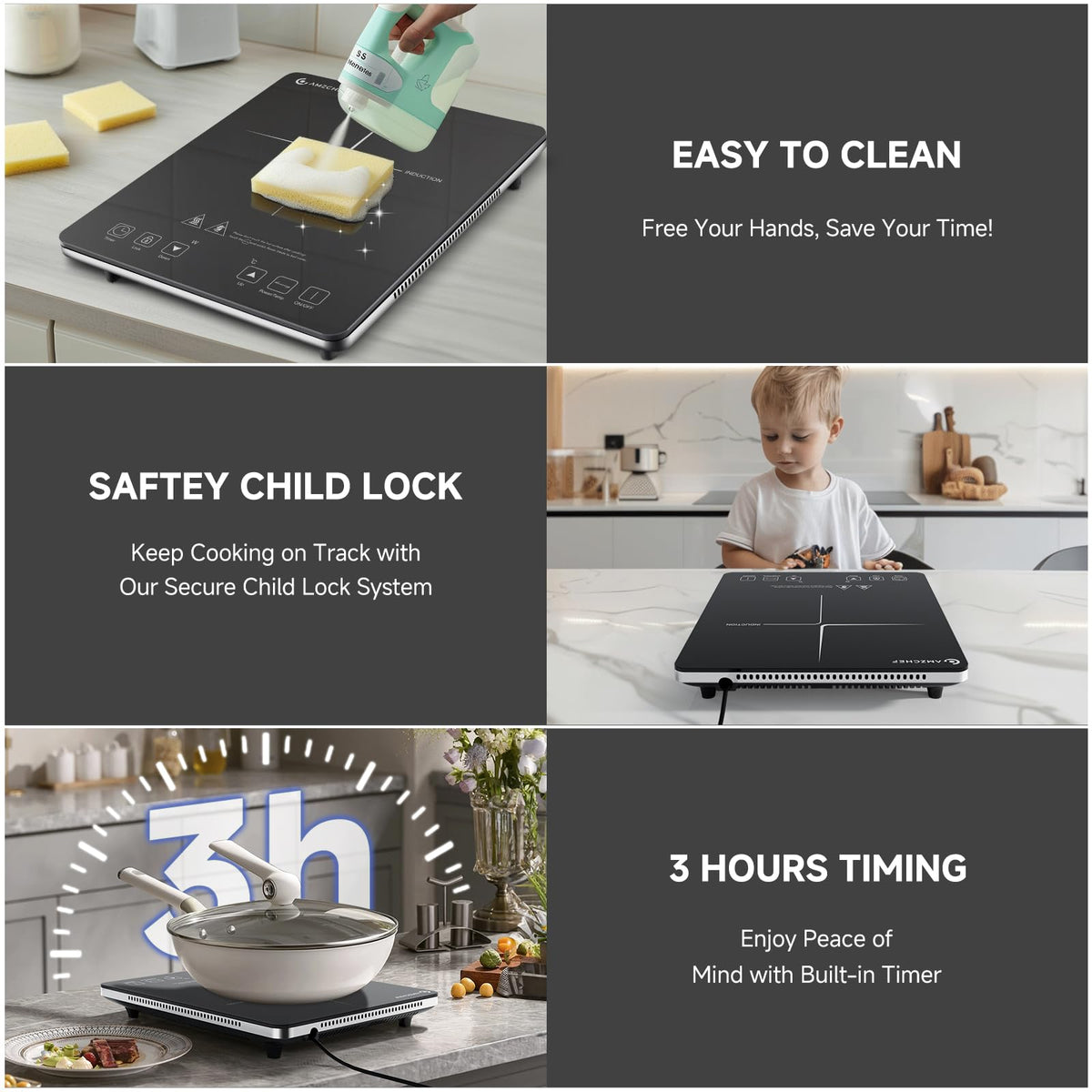 AMZCHEF Single Induction Cooker, Ultra-thin Induction Hob with Fashion Look, 20-level Power and Temperature Control, Black Frosted Glass Panel, Touch Sensor, 3-hour Timer, Safety Lock