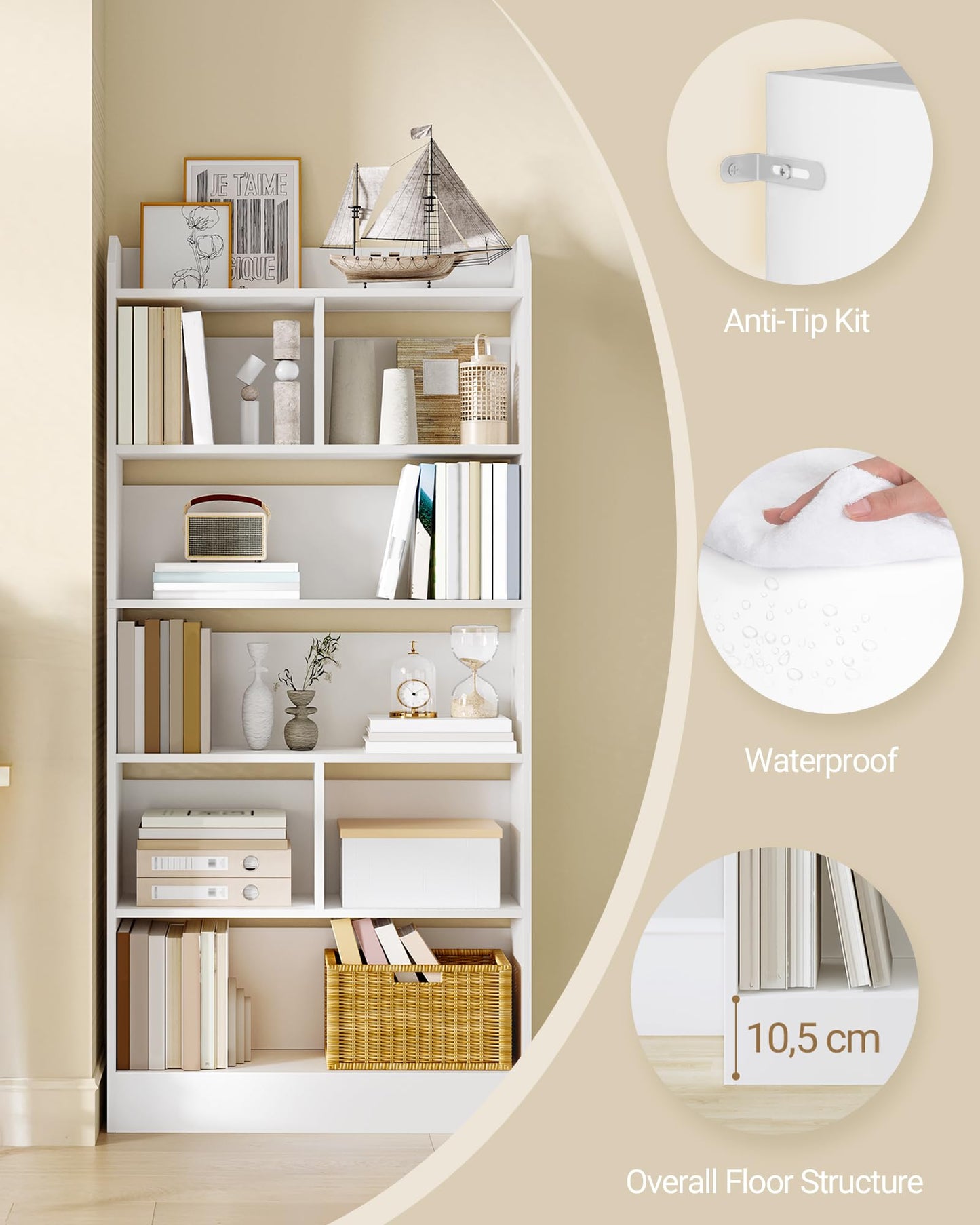 Hzuaneri 6-Tier Bookcase, Bookshelf with 8 Adjustable Storage Shelf Unit, White Bookcase for Living Room, Home Office, Bedroom, Study, 24 x 60 x 199 cm, White, BC11703X