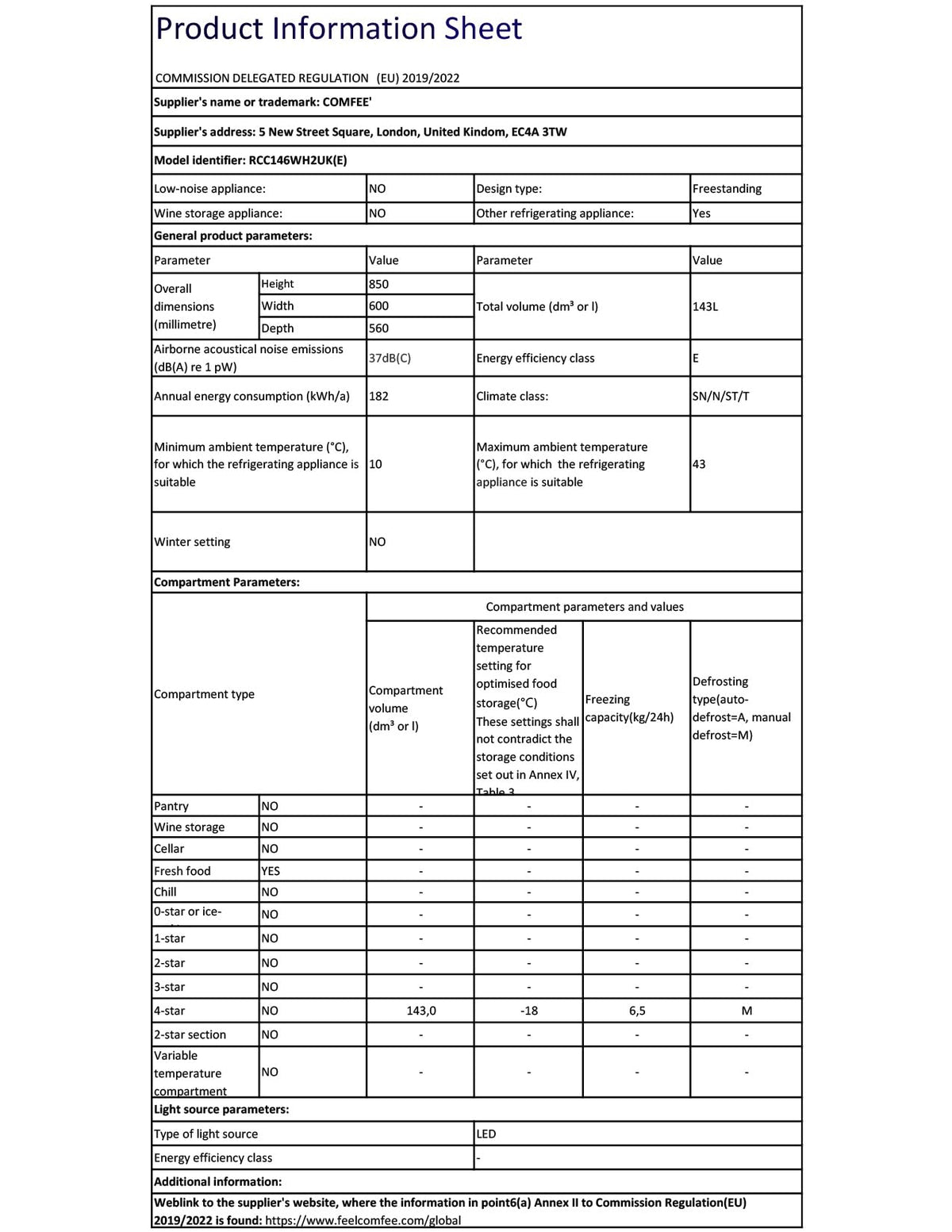COMFEE' 99L Chest Freezer, Convertible Refrigeration Mode, RCC102BL2UK(E)