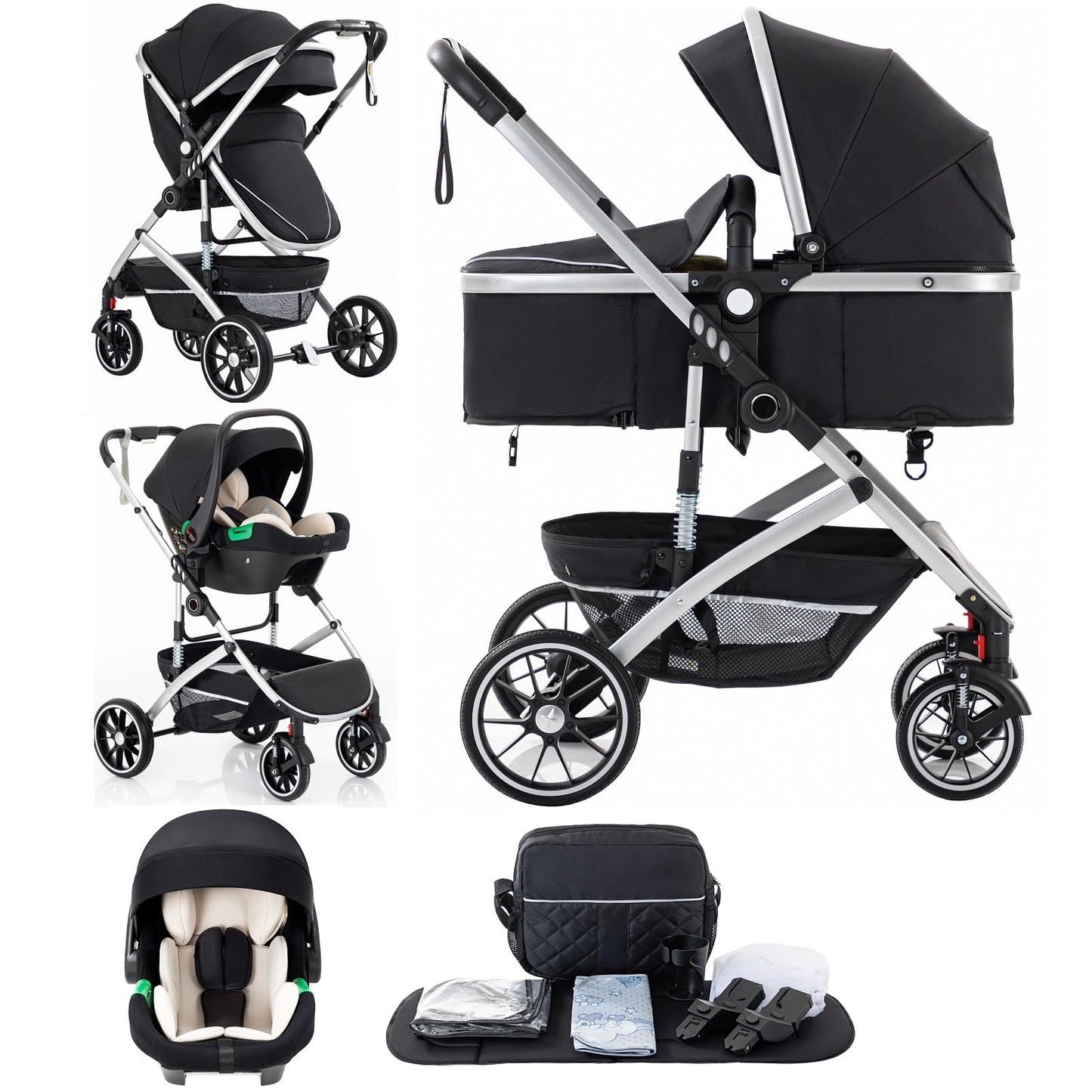 Baby Stroller 3 in 1,Travel Pushchair's Lie-Flat Pram is Foldable, Stroller System Handle is Adjustable, The Wheels are Made of PU Material, Suitable for 0-3 Years-Khaki