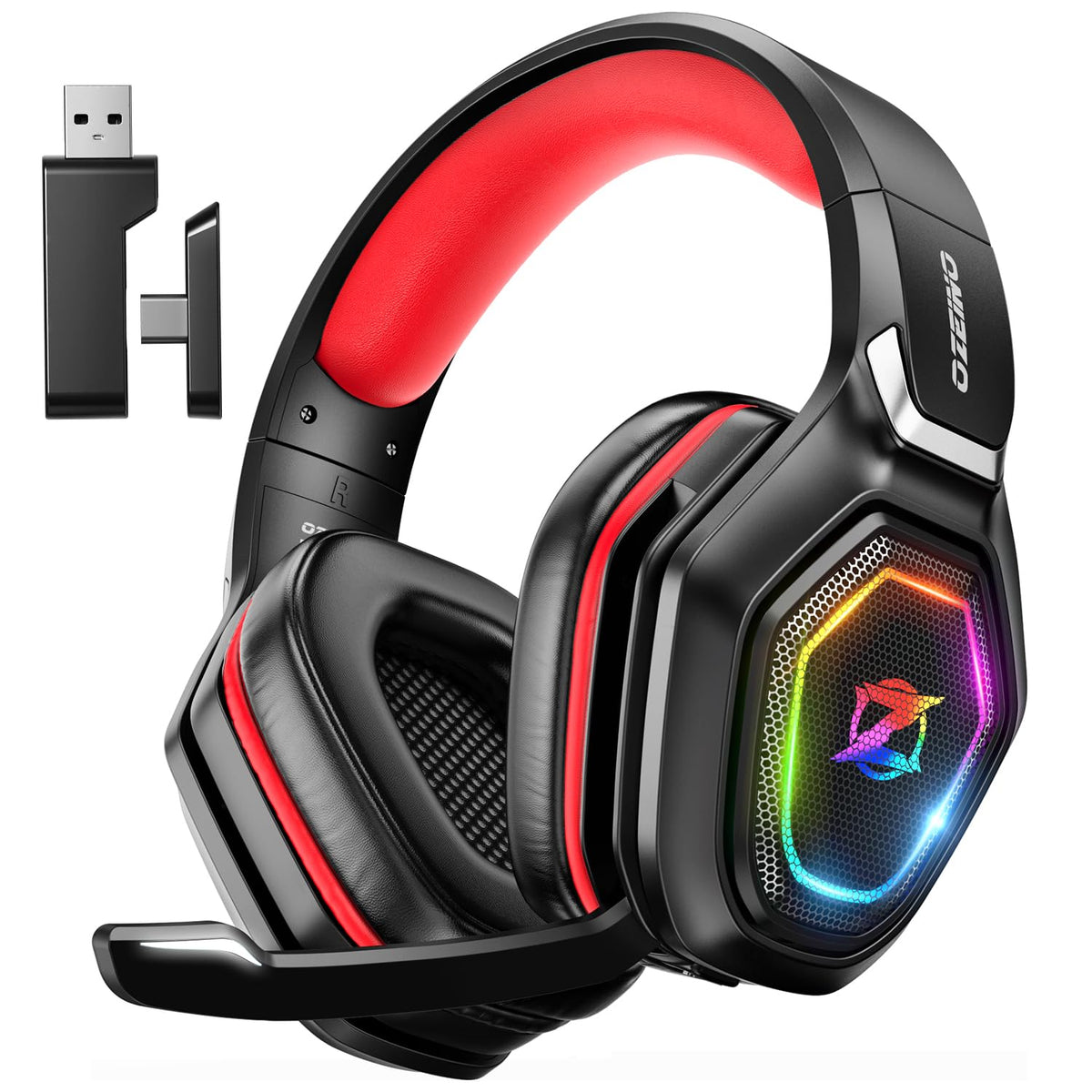 Ozeino Wireless Gaming Headset with Microphone, 2.4G & Type C Transmitter - 40h Battery Life - RGB Lighting Gaming Headphones for Ps5, Ps4, PC, Switch, Phone (Pink)