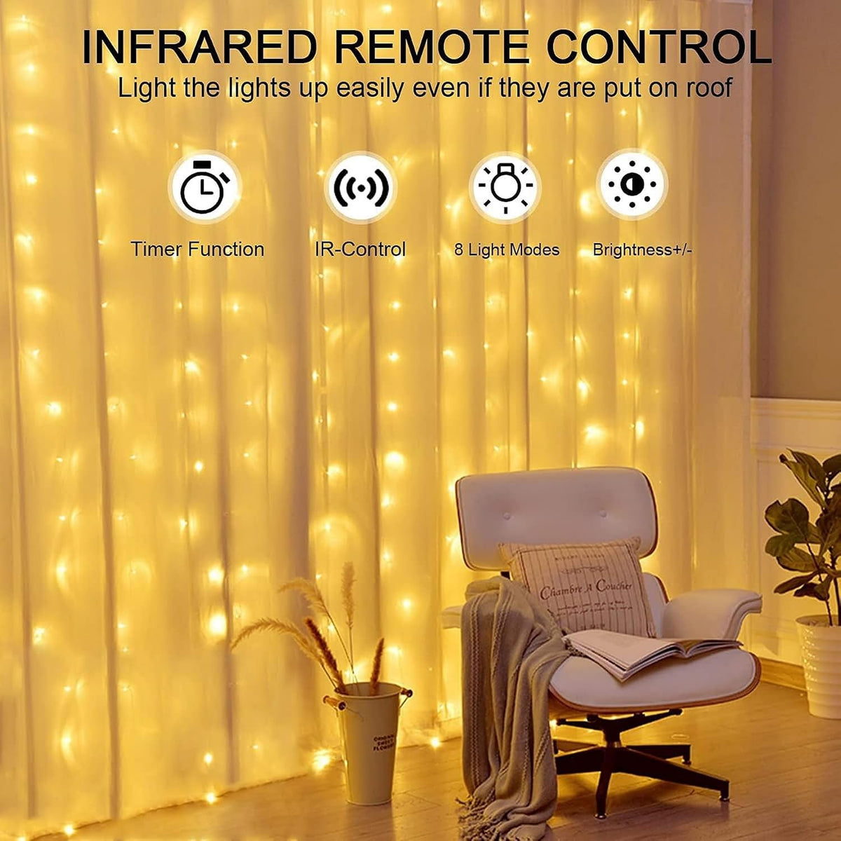 Lezonic Curtain Fairy Lights, 3m×3m 300LED Curtain String Lights Plug in