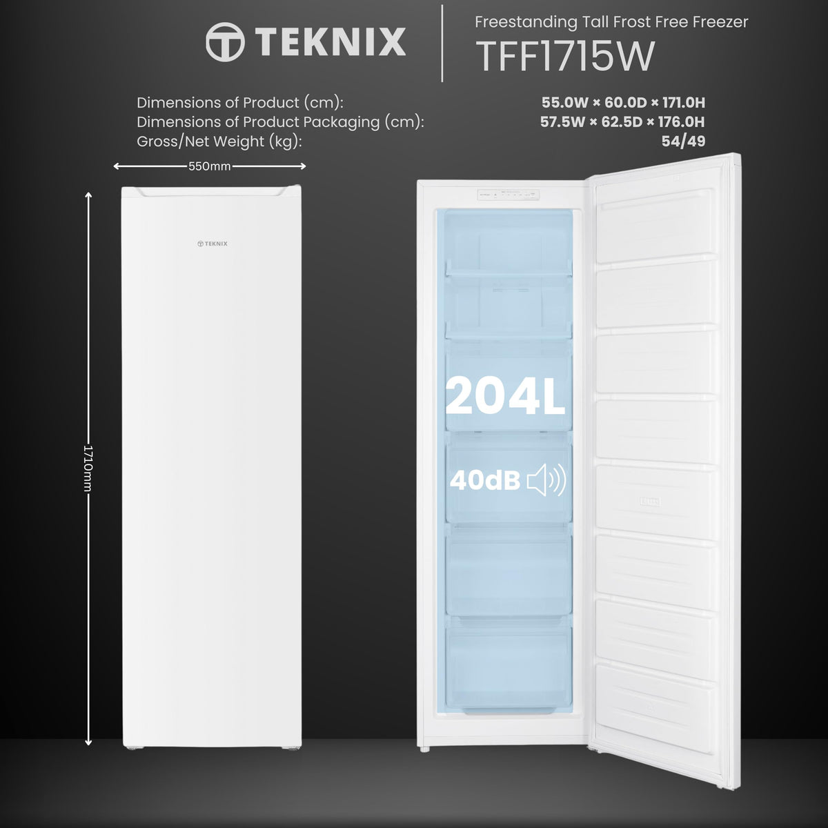 Teknix UC48F2W Freestanding Undercounter Freezer - 48cm Width / 60 Litre Capacity - Suitable for Outbuildings - 3 Large Compartments - 4 Star Freezer Rating - White