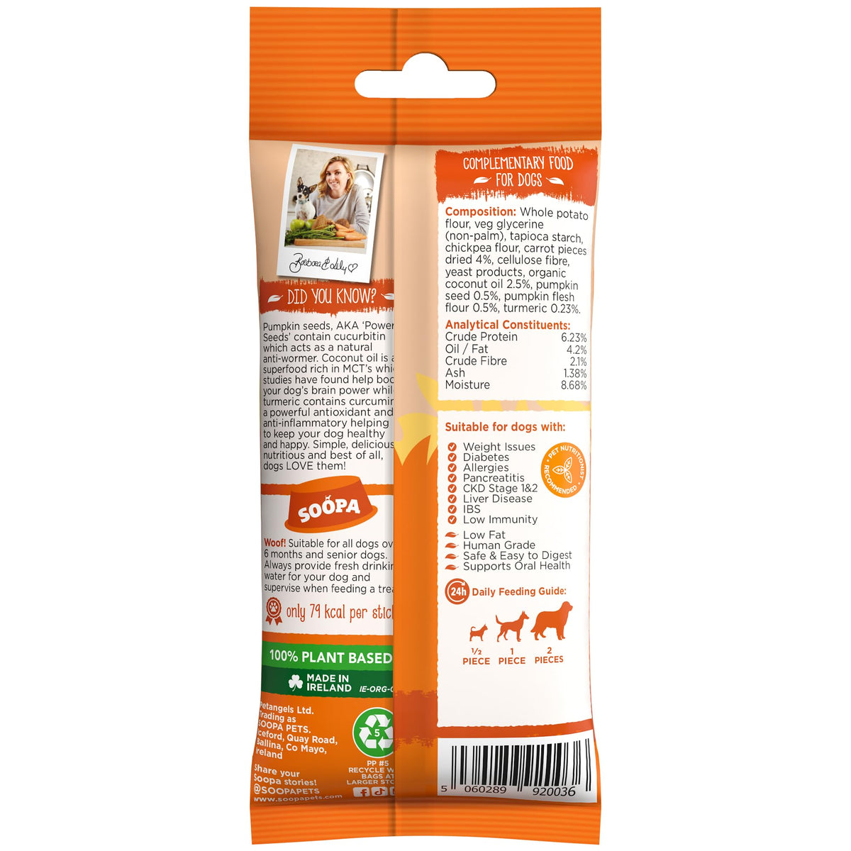 Soopa Carrot & Pumpkin Dog Dental Sticks, Chews to Clean Teeth, 100 g, 1-Pk