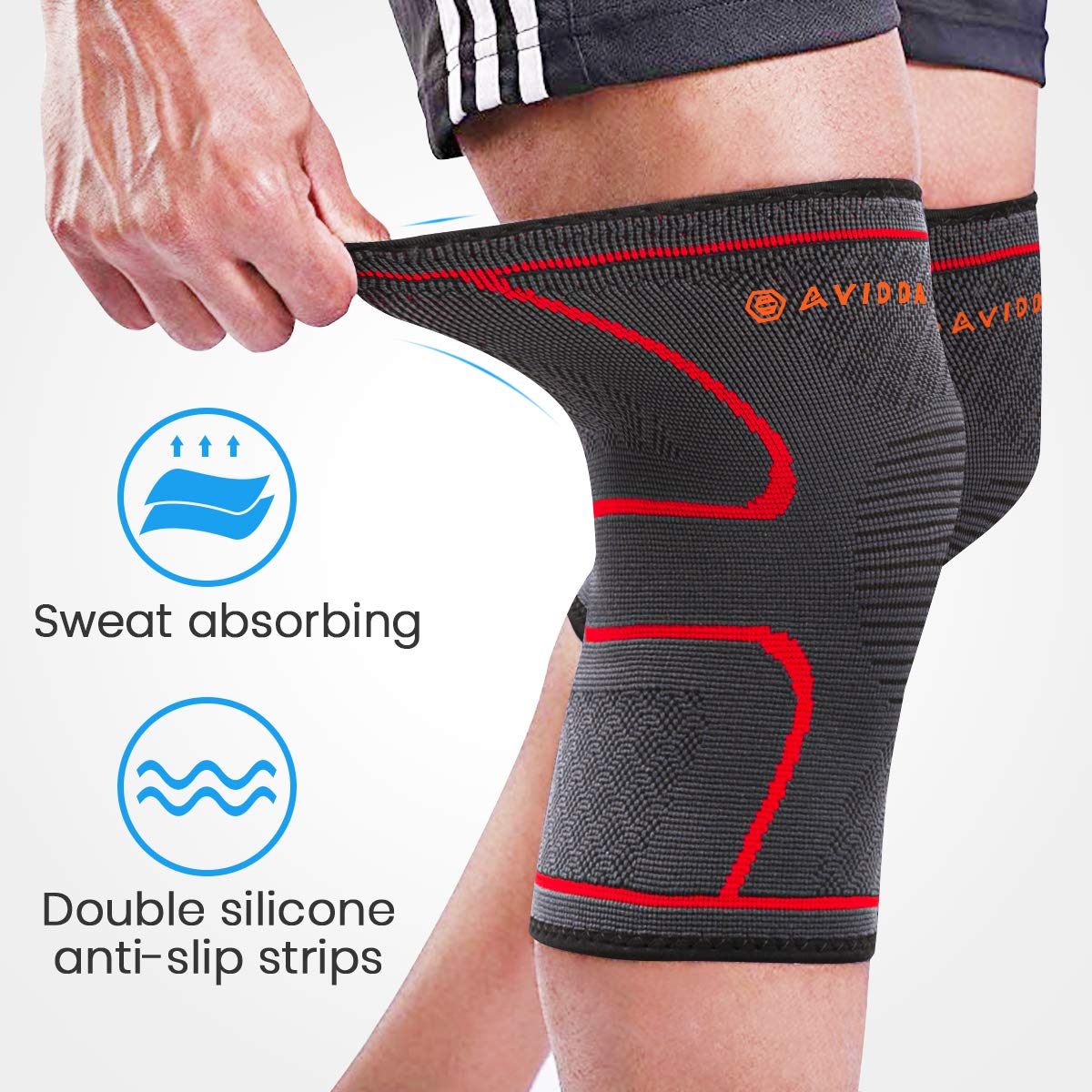AVIDDA Knee Support Brace 2 Pack - Compression Knee Sleeves for Arthritis, Joint Pain, Ligament Injury, Meniscus Tear, ACL, MCL, Tendonitis, Running, Squats, Sports