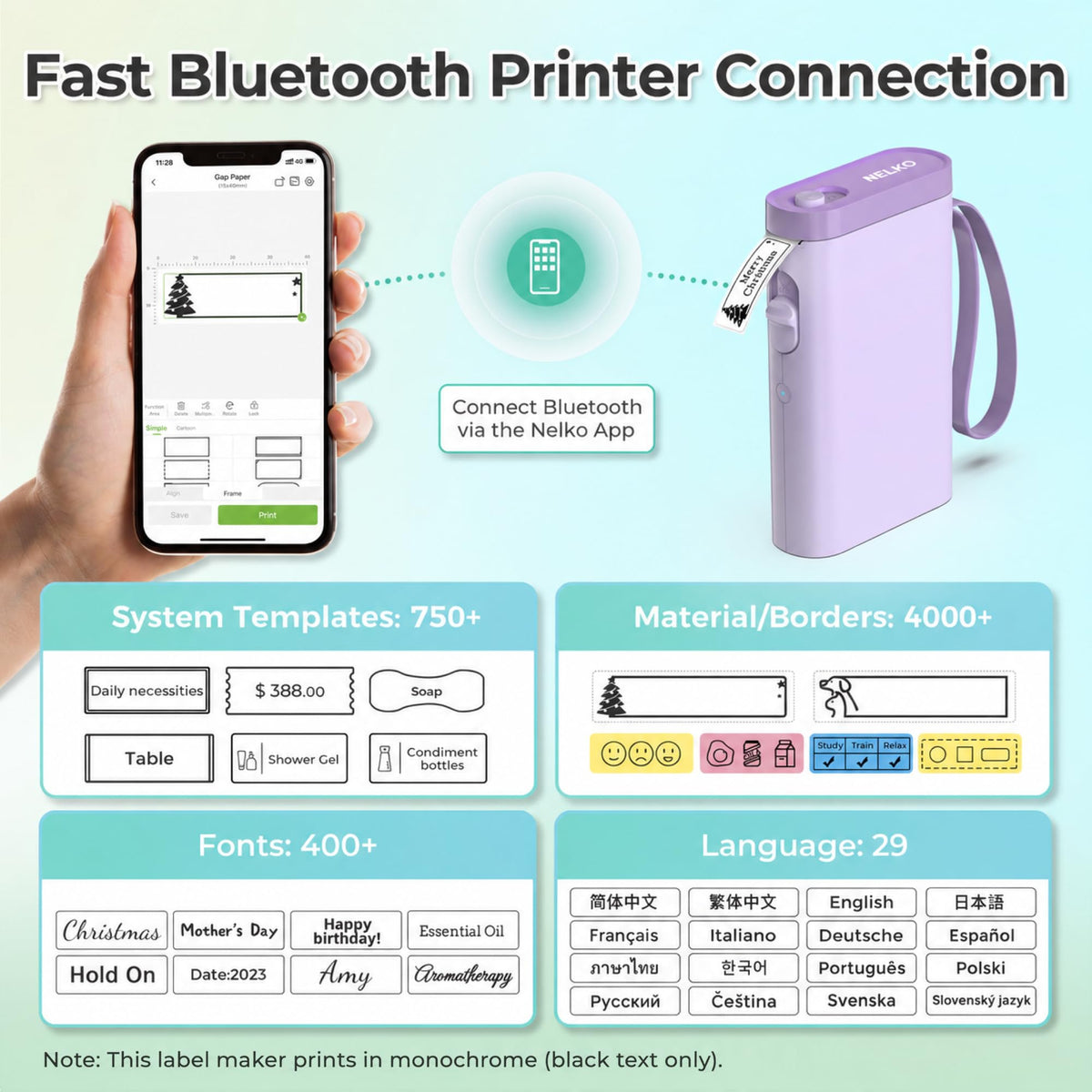 Nelko Label Maker P21 Portable Bluetooth Sticker Printer with Tape, Black