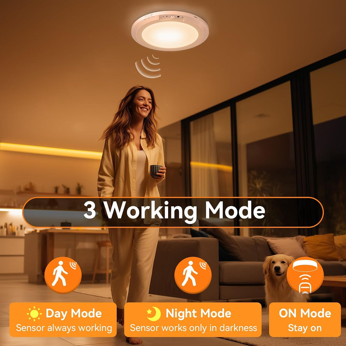 Motion Sensor Rechargeable LED Ceiling Light, Size 7.3", White, 1PCS