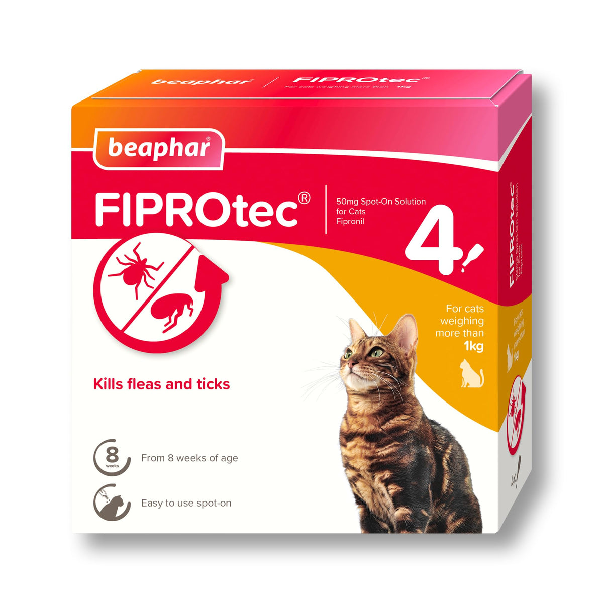Beaphar - FIPROtec Spot-On Flea & Tick Treatment for Cats - 6 Pipettes - Kills Fleas & Ticks - Veterinary Medicine – Easy to Apply Monthly - For Cats & Kittens from 8 Weeks Old, Weighing Over 1kg