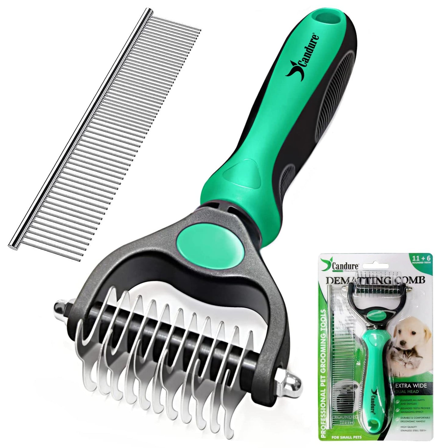 Candure Dematting Comb for Dog and Cat, Pet Grooming Rake and Brushes for Small, Medium & Large Dogs 17+9 Double Sided Deshedding Tool Removes Knots and Tangled Hair (Blue)